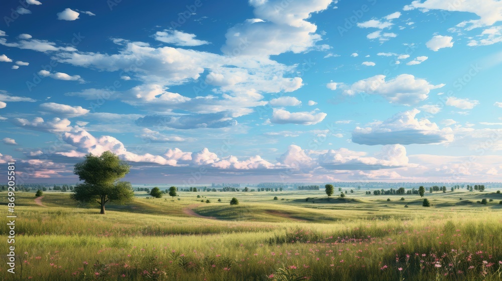 Amazing landscape with a large green field under a blue sky with white clouds. Amazing landscape with a large green field under a blue sky with white clouds.