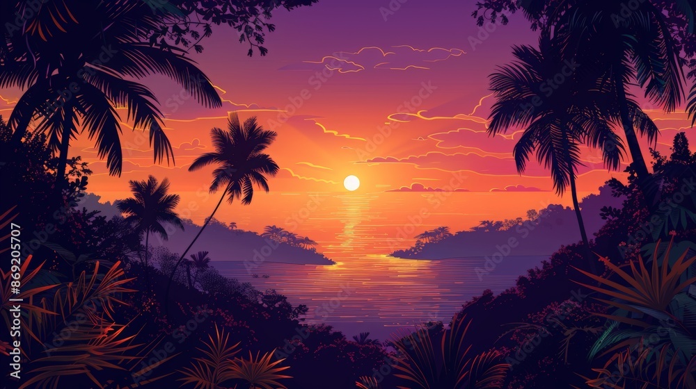 Obraz premium Vivid Sunset over Tropical Ocean with Palm Trees, Digital Art Wallpaper