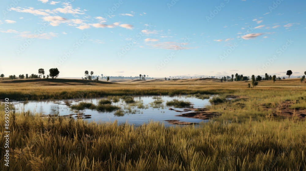 This is a beautiful landscape image of a vast plain with a river running through it. The sky is blue and there are some clouds in the distance. This is a beautiful landscape image of a vast plain with a river running through it. The sky is blue and there are some clouds in the distance.