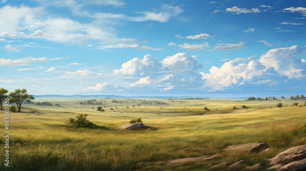 Panoramic landscape of a vast African savannah with tall grass, small trees, and a large rock in the foreground under a blue sky with white clouds. Panoramic landscape of a vast African savannah with tall grass, small trees, and a large rock in the foreground under a blue sky with white clouds.