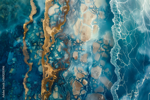 abstract aerial view of ocean waves meeting sandy shore in blue and gold tones, showcasing fluid artistic patterns