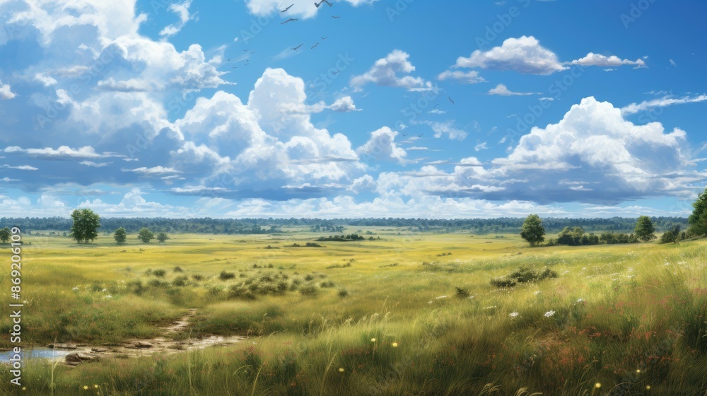 Fototapeta premium The image shows a beautiful landscape with a vast green field, blue sky and white clouds.