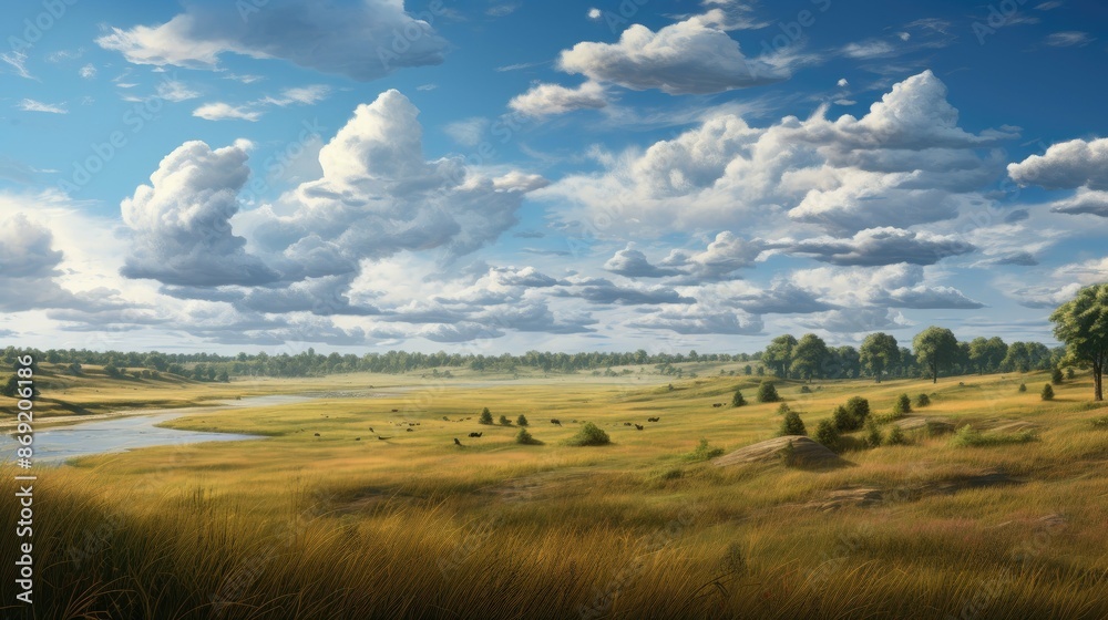 The image is a beautiful landscape of a vast grassland with a river running through it. The sky is blue and cloudy and the sun is shining. The image is a beautiful landscape of a vast grassland with a river running through it. The sky is blue and cloudy and the sun is shining.