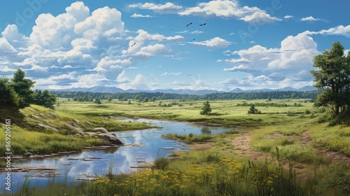 The image is of a beautiful landscape with a river running through it. The sky is blue and cloudy, and the sun is shining.