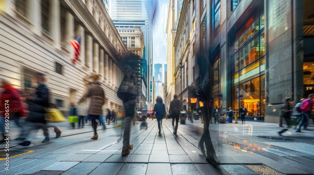Obraz premium Dynamic Street Scene in Financial District Capturing Juxtaposition of Tradition and Innovation