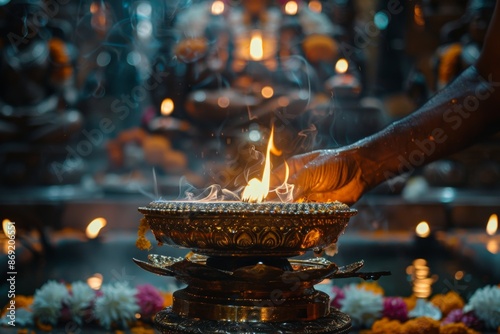 Devotee engaged in prayer during a traditional Hindu ritual with flames and incense. photo