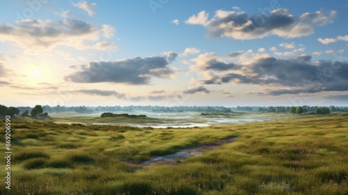 The image is of a beautiful landscape with a large grass field, a river, and some trees. The sky is blue and there are some clouds.