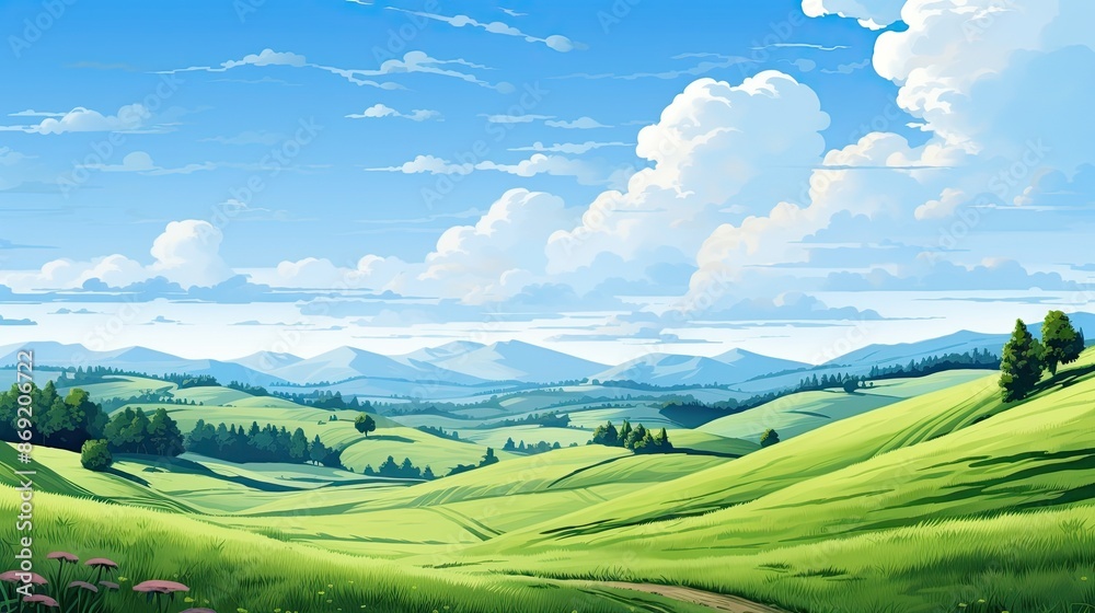 The image shows a beautiful landscape with green hills and mountains in the distance. The sky is blue and there are some white clouds. The image shows a beautiful landscape with green hills and mountains in the distance. The sky is blue and there are some white clouds.