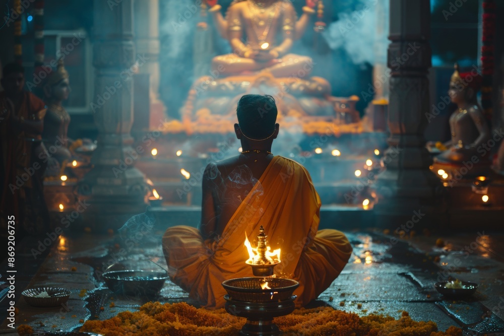 A devout man holding a lit oil lamp during a traditional Hindu prayer ceremony. A devout man holding a lit oil lamp during a traditional Hindu prayer ceremony.