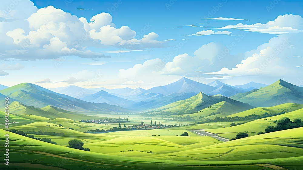 The image is of a beautiful landscape with green hills, mountains, and a blue sky. The image is very peaceful and relaxing. The image is of a beautiful landscape with green hills, mountains, and a blue sky. The image is very peaceful and relaxing.