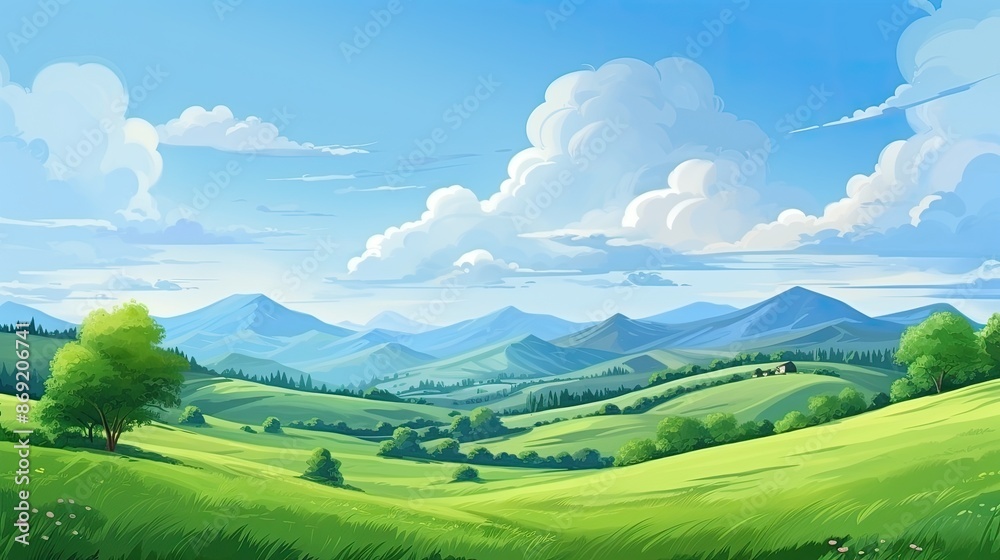 The image is of a beautiful landscape with green hills, blue sky and white clouds. The image is very calming and peaceful. The image is of a beautiful landscape with green hills, blue sky and white clouds. The image is very calming and peaceful.