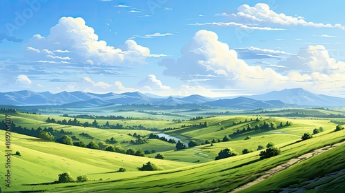 The image is a beautiful landscape with green hills, blue sky and white clouds. The image is very calming and peaceful. © BozStock
