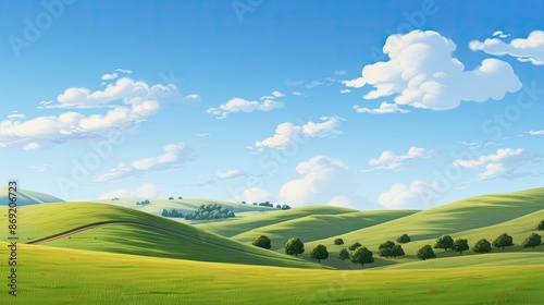 Fototapeta Naklejka Na Ścianę i Meble -  Serene landscape with rolling green hills under a clear blue sky with fluffy white clouds.