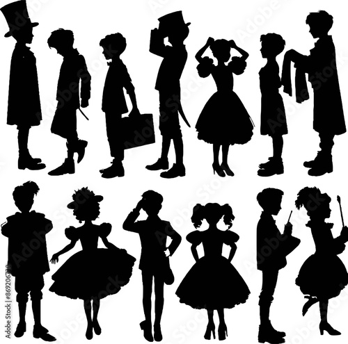 black and white silhouettes of children playing roles in the theater