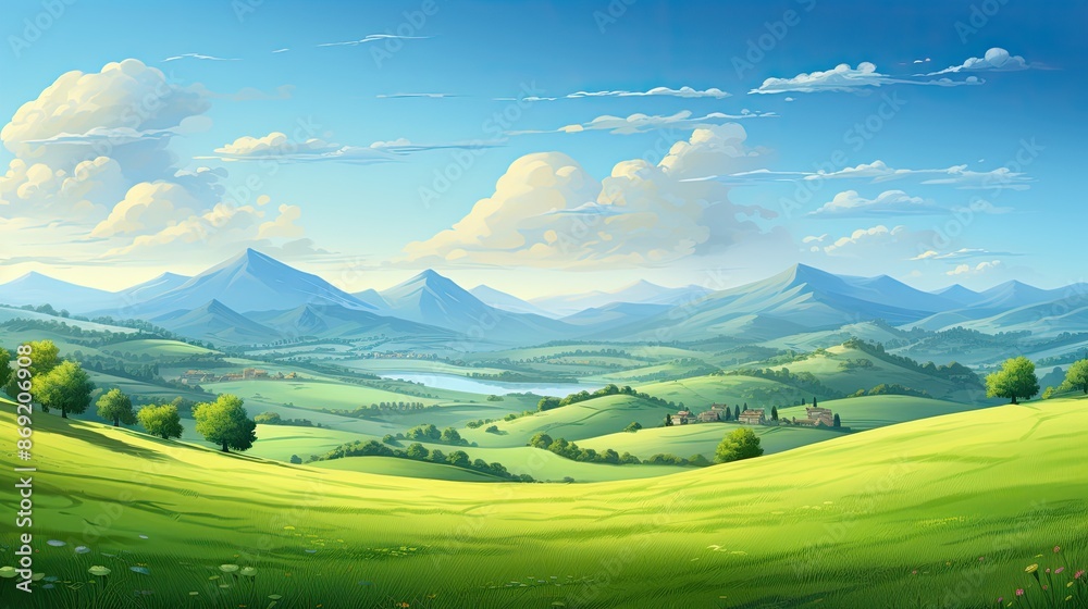 A beautiful landscape with a green valley, mountains and a blue sky. The image is full of vibrant colors and the light is shining brightly. A beautiful landscape with a green valley, mountains and a blue sky. The image is full of vibrant colors and the light is shining brightly.