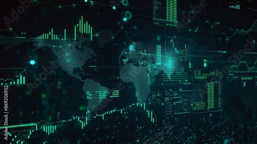 Futuristic global financial network visualization. Glowing green data streams flow across a world map. Stock charts, graphs, and numeric data overlay the dark background.