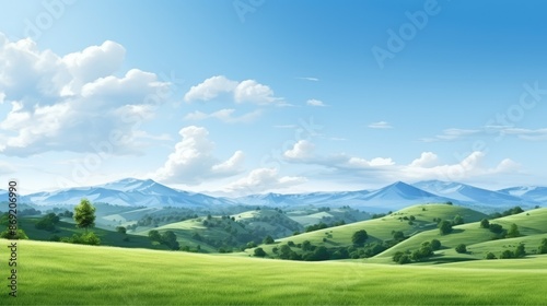 Amazing green rolling hills landscape under blue sky with white clouds.