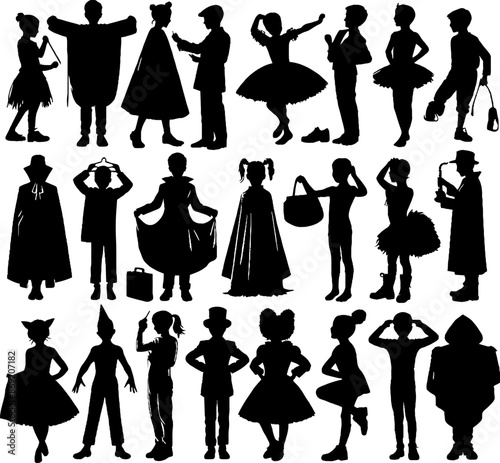 black and white silhouettes of children playing roles in the theater