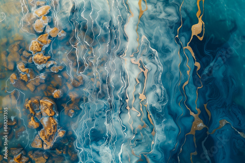 abstract aerial view of ocean waves meeting sandy shore in blue and gold tones, showcasing fluid artistic patterns