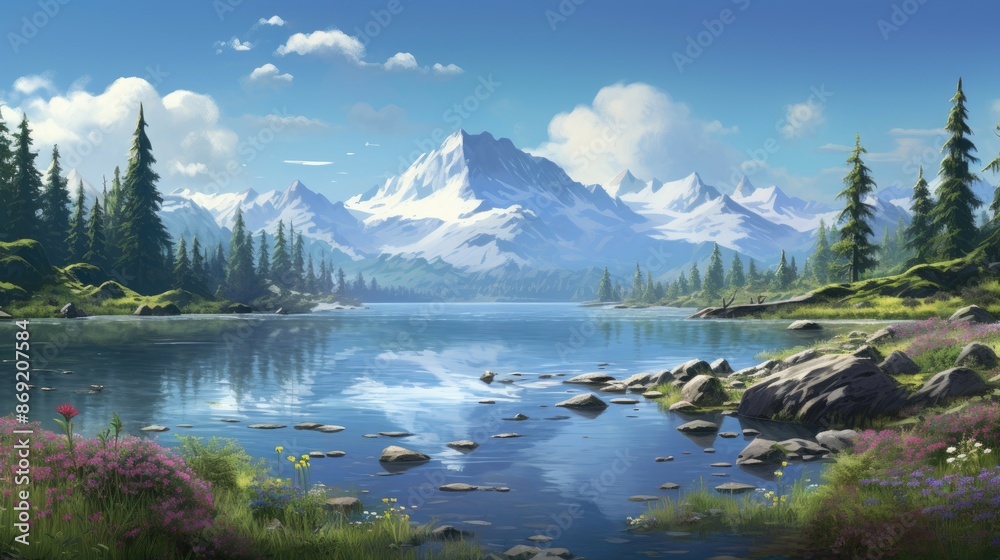 The image is of a beautiful mountain lake. The water is crystal clear and reflects the sky and mountains perfectly. The mountains are covered in snow. The image is of a beautiful mountain lake. The water is crystal clear and reflects the sky and mountains perfectly. The mountains are covered in snow.