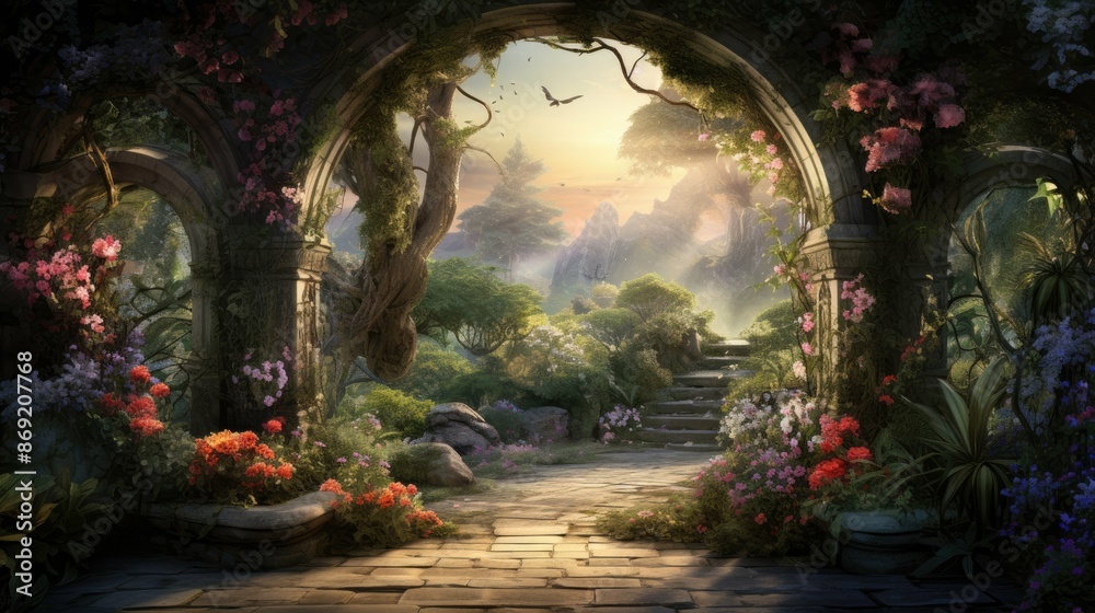Mystical garden with stone arch, flowers and trees. Mystical garden with stone arch, flowers and trees.
