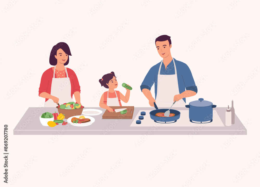 Family Preparing Food Together In The Kitchen. Smiling Little Daughter In Apron Cutting Cucumber With Knife. Father Cooking Steak With Frying Pan. Mother Making Salad. Half Length. Family Preparing Food Together In The Kitchen. Smiling Little Daughter In Apron Cutting Cucumber With Knife. Father Cooking Steak With Frying Pan. Mother Making Salad. Half Length.