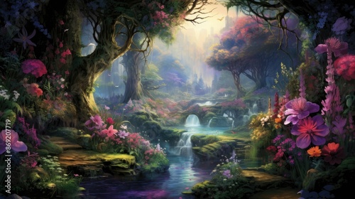 Mystical and enchanting digital painting of a beautiful and colorful fantasy forest with a crystal clear river flowing through it. © BozStock