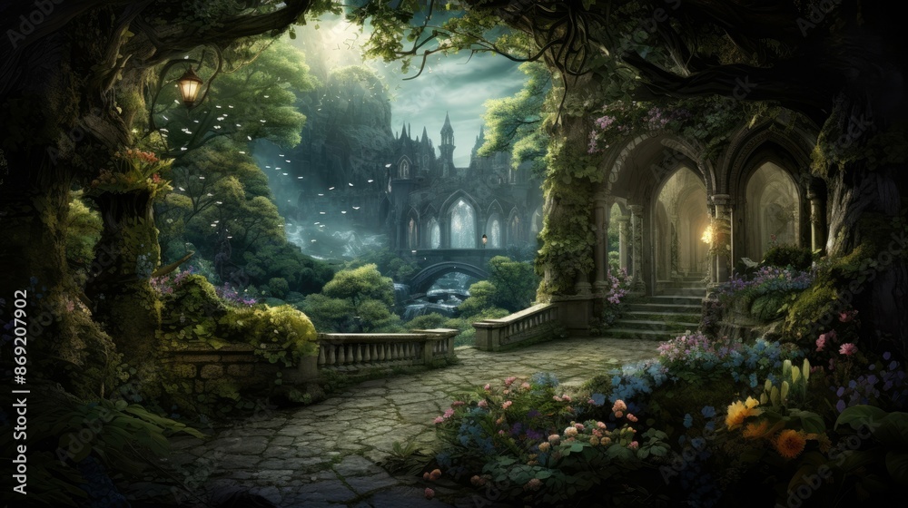 Obraz premium Mystical castle surrounded by a lush forest. The castle is made of gray stone and has a large tower. The forest is full of green trees and flowers.
