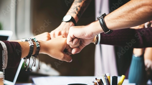 Diverse team of coworkers is joining hands, symbolizing their unity and collaboration on a project