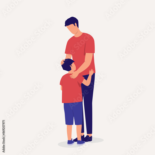 Father And Little Boy Hugging Each Other Lovingly. Full Length.