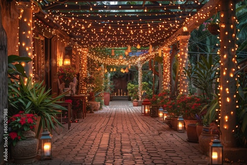 A cozy outdoor walkway adorned with twinkling fairy lights and lush plants.