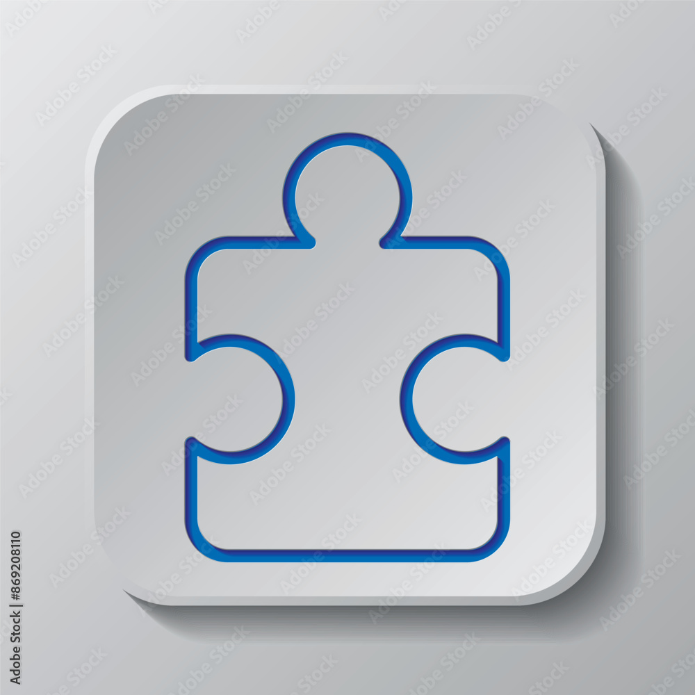 Puzzle simple icon vector. Flat design. Paper cut design. Cutted blue symbol with shadow. Gray badge button, gray background Puzzle simple icon vector. Flat design. Paper cut design. Cutted blue symbol with shadow. Gray badge button, gray background