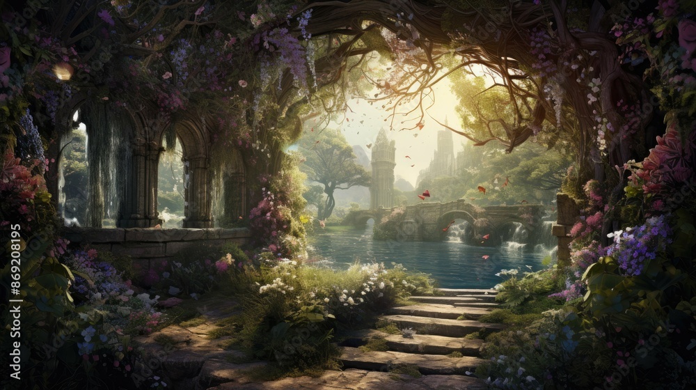 Mystical garden with stone arch, flowers and waterfall. Mystical garden with stone arch, flowers and waterfall.