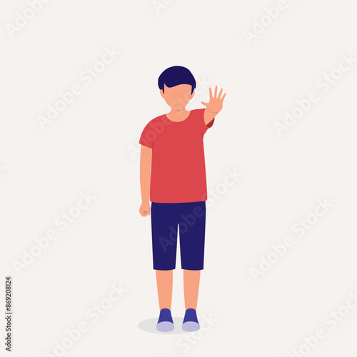 One Little Boy Standing With One Hand In Stop Gesture.