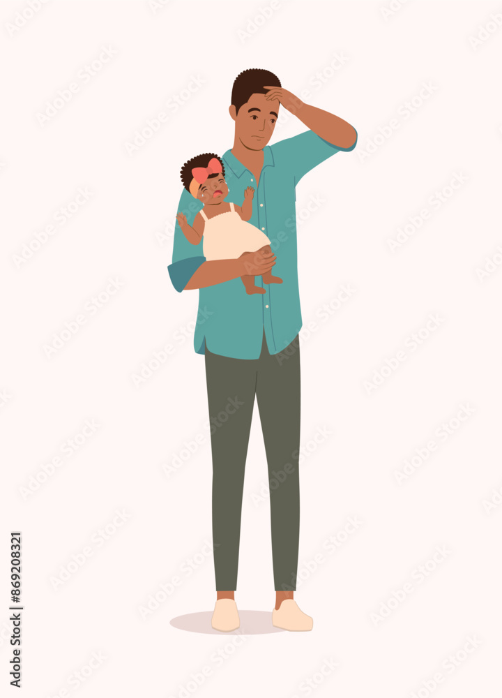 Stay-At-Home Black Father Stressed By Taking Care Of His Crying Baby Girl. Full Length. Stay-At-Home Black Father Stressed By Taking Care Of His Crying Baby Girl. Full Length.