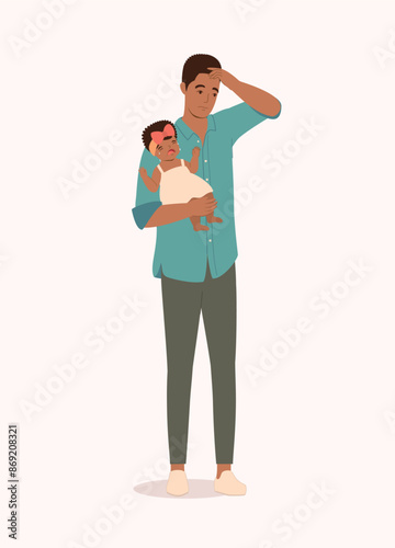 Stay-At-Home Black Father Stressed By Taking Care Of His Crying Baby Girl. Full Length.