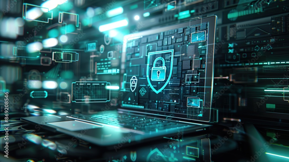 Futuristic laptop with a glowing shield and lock icon representing online security. Futuristic laptop with a glowing shield and lock icon representing online security.