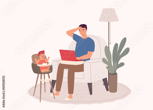 Stressful Father Overwhelmed By Taking Care Of His Baby Girl While Working At Home.
