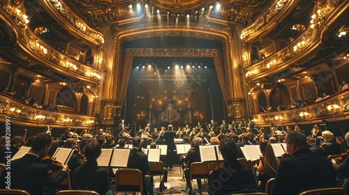 Elegant orchestra performing in a lavish concert hall with golden decor. Musicians playing classical instruments under bright lights. Ideal for arts, culture, and event themes. AI