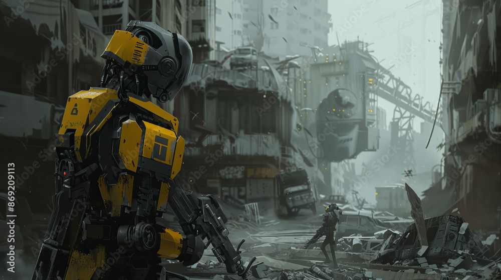 A cybernetic robot with flashing LEDs on its body walks through a ruined city, among the ruins of buildings and debris, its sensors scan the remains of civilization. A cybernetic robot with flashing LEDs on its body walks through a ruined city, among the ruins of buildings and debris, its sensors scan the remains of civilization.