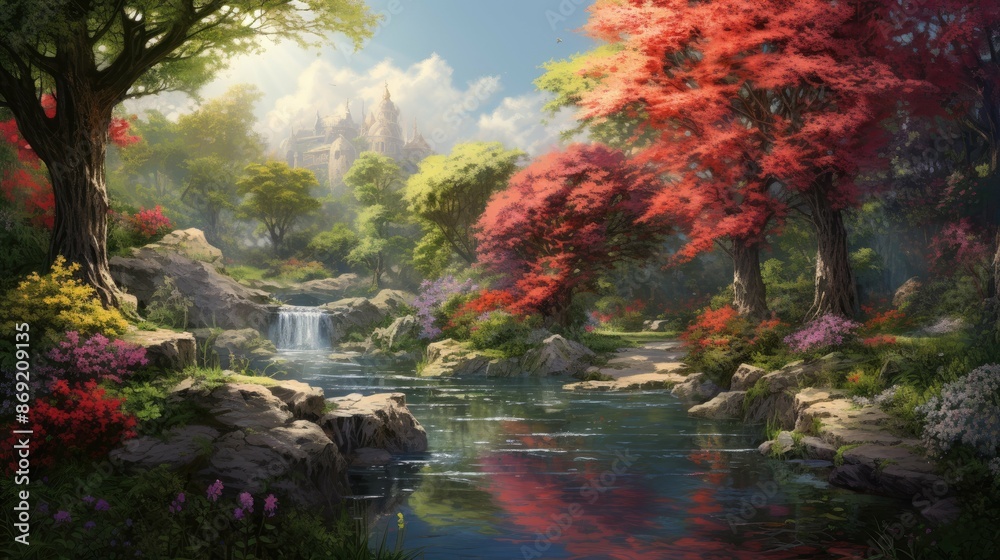 A beautiful landscape with a river, trees, and flowers. The water in the river is crystal clear with rocks jutting out of it. A beautiful landscape with a river, trees, and flowers. The water in the river is crystal clear with rocks jutting out of it.