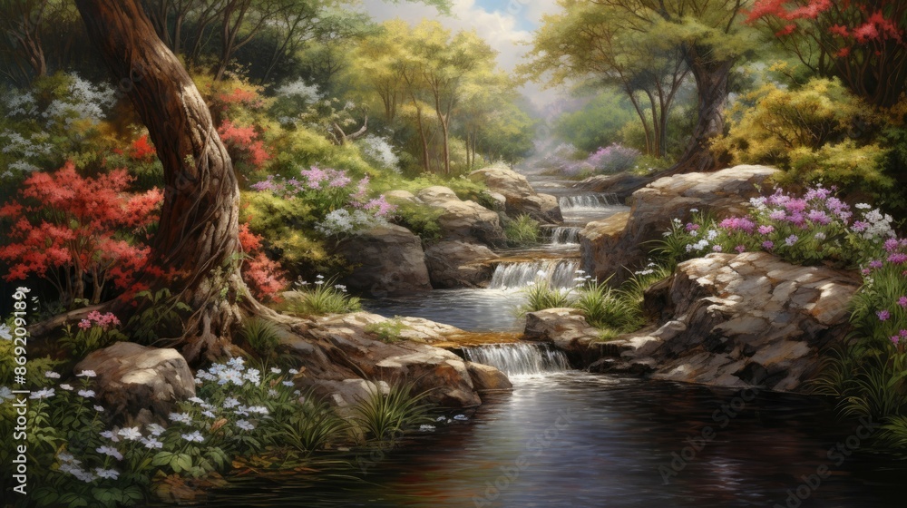 A beautiful landscape painting of a forest with a river running through it. The trees are tall and green, and the flowers are in bloom. A beautiful landscape painting of a forest with a river running through it. The trees are tall and green, and the flowers are in bloom.
