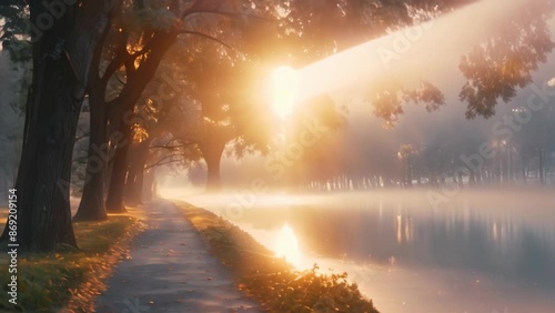 An evening view of a misty forest road with the mist of a calm lake rising from the water and the silhouettes of trees reflected in the calm surface A peaceful atmospheric view of natural beauty and s