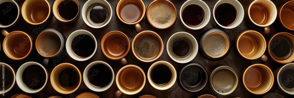Overhead View of Coffee Mugs Arranged in a Pattern on Flat Surface Overhead View of Coffee Mugs Arranged in a Pattern on Flat Surface