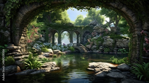 Mystical overgrown ruins of an ancient temple in a lush green forest with a beautiful pond. © BozStock