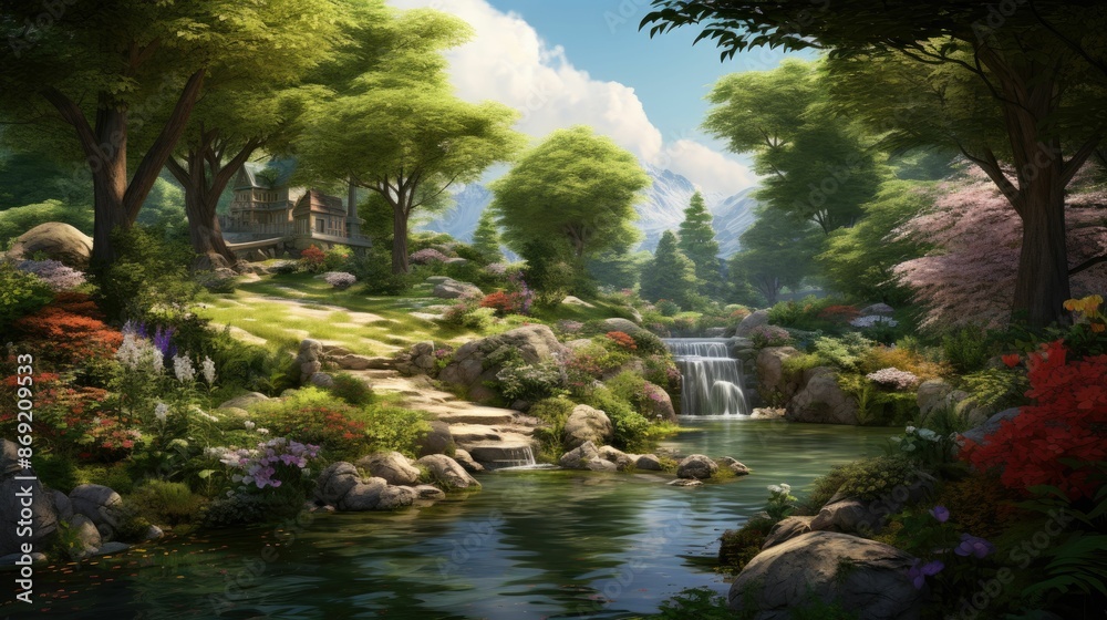A beautiful landscape with a waterfall, a river, and a small house in the distance. The trees are lush and green, and the flowers are in bloom. A beautiful landscape with a waterfall, a river, and a small house in the distance. The trees are lush and green, and the flowers are in bloom.