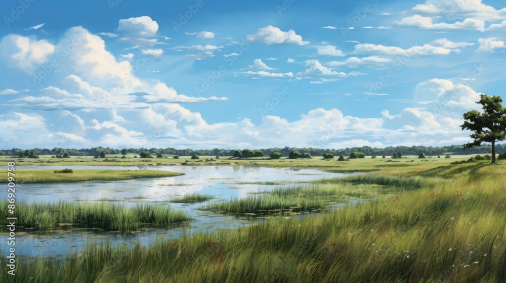 Amazing view of a beautiful green landscape with a river running through it. The sky is blue and cloudy and the sun is shining. Amazing view of a beautiful green landscape with a river running through it. The sky is blue and cloudy and the sun is shining.