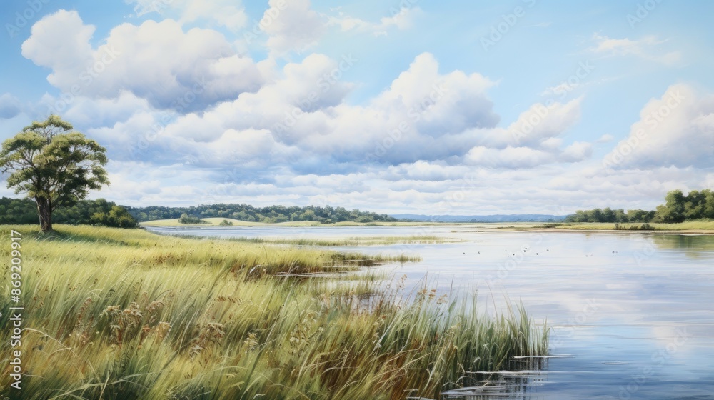 Amazing view of a calm river flowing through a green field on a beautiful summer day. The sky is blue and cloudy and the sun is shining brightly. Amazing view of a calm river flowing through a green field on a beautiful summer day. The sky is blue and cloudy and the sun is shining brightly.