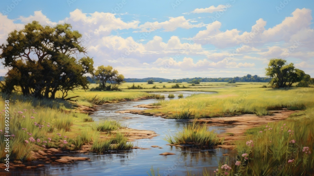 The image is a beautiful landscape painting of a river running through a grassy plain. The sky is blue and cloudy, and the trees are green and lush. The image is a beautiful landscape painting of a river running through a grassy plain. The sky is blue and cloudy, and the trees are green and lush.