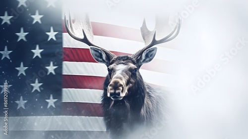 Double exposure of a majestic flag and a moose, national animal of America, white background